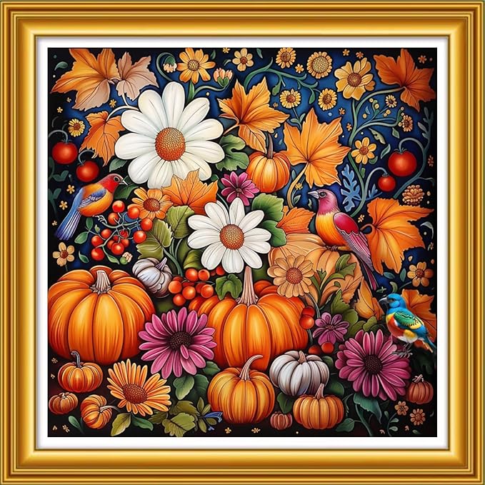 Foxhool Stamped Cross Stitch Kits,11CT Printed Cross Stitch Pattern Full Embroidery Kits for Beginner Needlepoint Kits&Colorful Flowers and Birds 18x18 inch