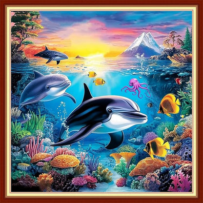 Fanxvivy Stamped Cross Stitch Kits for Beginners Full Range of Cross Stitching Preprinted Embroidery Kits for Adults, 11CT Embroidery Pattern Needlepoint Kits-Underwater World 18x18 inch