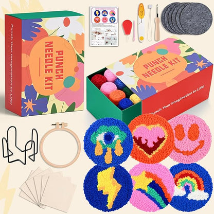 AtawLege 6 PCS Punch Needle Coasters Kit for Beginnners, Punch Needle Embroidery Craft Set for Adults & Children, DIY Festival Gift and Decoration with Monk Cloth Tools Yarns