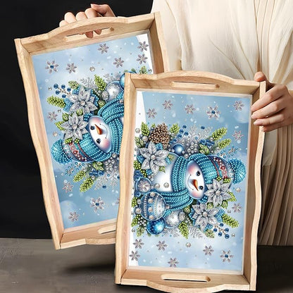 DIY Diamond Art Painting Wooden Tray Kit With Handle, Food Tray for Breakfast, Bar Dinner Table Decoration, Diamond Dots Gem Painting Art Set for Beginners-Snowman1