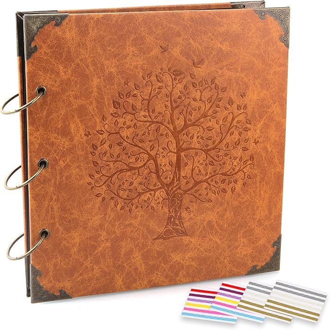 ADVcer Photo Album DIY Scrapbook 10x10 inch 50 Pages Double Sided, Vintage Leather Cover Three-Ring Binder Picture Booth + 408pcs Self Adhesive Photos Corners for Memory Keep (Family Tree Brown Sugar)