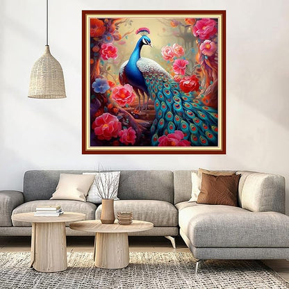 DMCVIVR Stamped Cross Stitch Kits for Beginners Adults Needlepoint Kits for Beginners Embroidery Kits for Adults Crossstitch Kit for Beginners 11CT-Peacock Flowers 18x18 inch