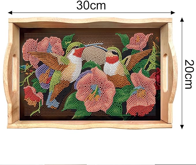 FGbaby DIY 5D Flower Hummingbird Diamond Painting Wood Serving Tray with Handles Diamond Art Serving Trays Wooden Tray for Breakfast in Bed, Patio, BBQ, Coffee Table, Party –Great for Lap & Couch