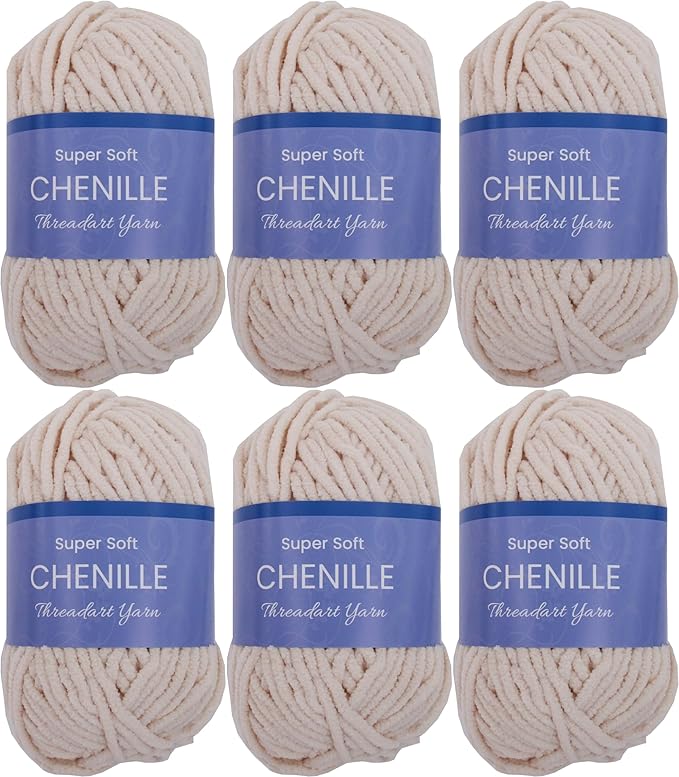 6 Pack ThreadArt Chenille Yarn for Crocheting, Knitting, Amigurumi, Super Soft Plush Velvet Yarn - 50 Gram 60 yds #5 Fluffy Yarn Skeins - Beige 31