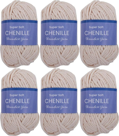 6 Pack ThreadArt Chenille Yarn for Crocheting, Knitting, Amigurumi, Super Soft Plush Velvet Yarn - 50 Gram 60 yds #5 Fluffy Yarn Skeins - Beige 31