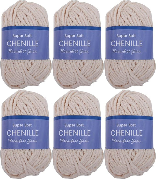 6 Pack ThreadArt Chenille Yarn for Crocheting, Knitting, Amigurumi, Super Soft Plush Velvet Yarn - 50 Gram 60 yds #5 Fluffy Yarn Skeins - Beige 31