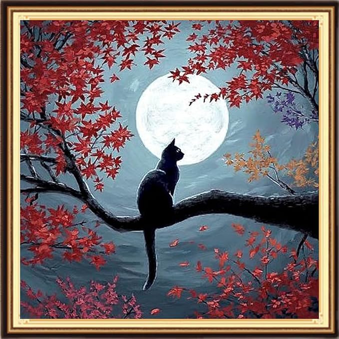 DMCVIVR Stamped Cross Stitch Kits for Adults Beginners Embroidery Kits 11CT Needlepoint Kits Cross Stitch Patterns Embroidery Patterns-Cat Admiring The Moon 18x18 inch