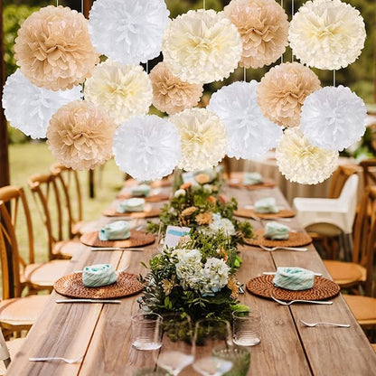 SUNBEAUTY 15 PCS Boho Champagne Pom Poms Tissue Paper Flowers, Wall Hanging Decor Neutral Party Wedding Decorations,Cream Beige White Paper Flowers for Wedding Birthday Bridal Showers Party Supplies