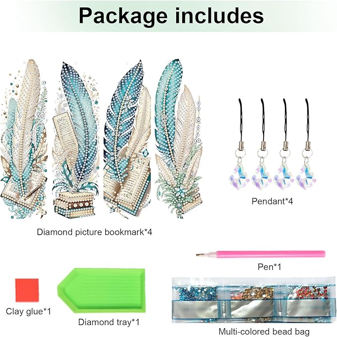 4-Pack 5D Diamond Painting Bookmarks Kit, Peacock Feather DIY Diamond Art Bookmarks with Rhinestones and Tassels, Creative Bookmark Making Set for Adults, Gift for Book Lovers