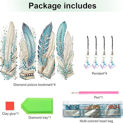 4-Pack 5D Diamond Painting Bookmarks Kit, Peacock Feather DIY Diamond Art Bookmarks with Rhinestones and Tassels, Creative Bookmark Making Set for Adults, Gift for Book Lovers