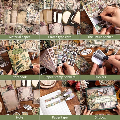 icceemee Scrapbooking Supplies Kit, Green Garden Scrapbooking Kit for Bullet Junk Journaling, Stationery, A6 Grid Notebook, Flower DIY Journaling Supplies, Birthday Craft Gift for Teen Girls