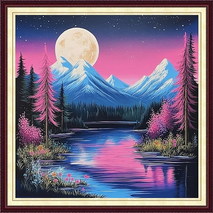 DMCCRAFT Stamped Cross Stitch Kits for Adults 11CT Printed Cross-Stitch Patterns Embroidery Kits Easy Cross Stitching Needlepoint Kits&Moon Night Scene 18x18 inch