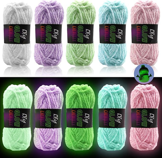 kaidun 5 Rolls Fuzzy Glow in The Dark Chenille Yarn, Soft Cute Luminous Crochet Yarn Glow Sewing Craft DIY Kit for Crocheting & Knitting, Christmas Halloween Decoration Supplies Gift, 76.5 Yard/Roll