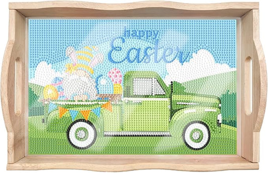 Generic FGbaby DIY 5D Happy Easter Truck Diamond Painting Wood Serving Tray with Handles Diamond Art Decorative Serving Trays Wooden Tray for Breakfast in Bed, Patio, BBQ, Coffee Table, Party