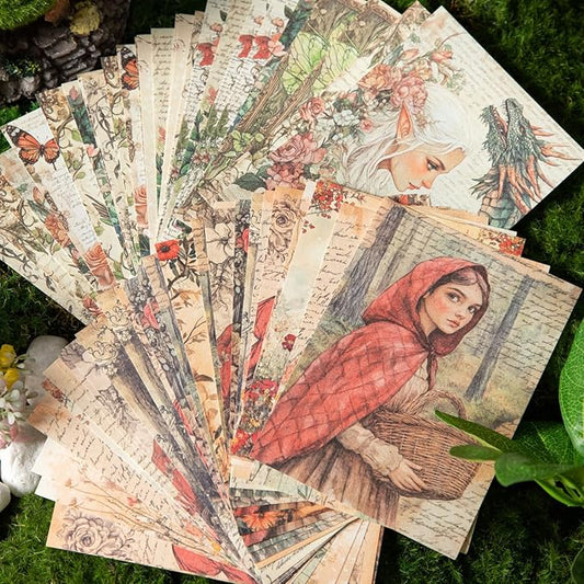 Vintage Fairy Tale Decoupage Scrapbook Paper Set – 180 Sheets Fantasy Cryptid Witch, Mermaid, Princess Journal Craft Paper Ephemera Pack for Collage, Junk Journal, Art Projects