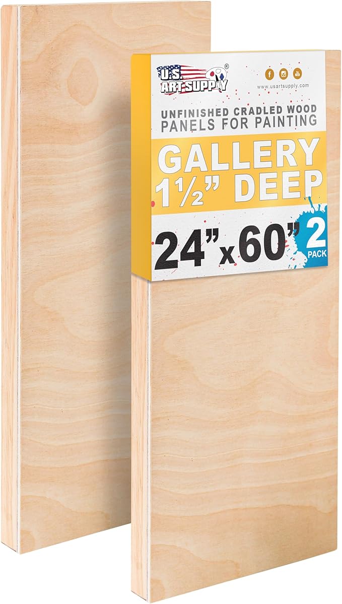 U.S. Art Supply 24" x 60" Unfinished Cradled Wood Panels for Painting, Gallery 1-1/2" Deep (2 Pack) - Artist Depth Wooden Wall Canvases - Mixed-Media Craft, Acrylic, Oil, Encaustic, Paint Pouring