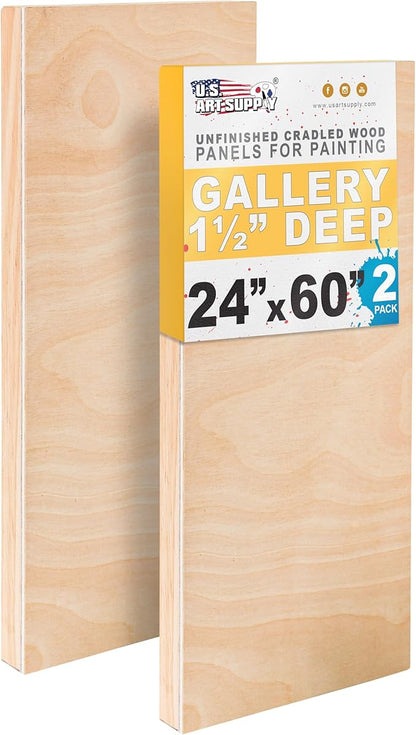 U.S. Art Supply 24" x 60" Unfinished Cradled Wood Panels for Painting, Gallery 1-1/2" Deep (2 Pack) - Artist Depth Wooden Wall Canvases - Mixed-Media Craft, Acrylic, Oil, Encaustic, Paint Pouring