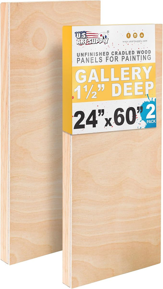 U.S. Art Supply 24" x 60" Unfinished Cradled Wood Panels for Painting, Gallery 1-1/2" Deep (2 Pack) - Artist Depth Wooden Wall Canvases - Mixed-Media Craft, Acrylic, Oil, Encaustic, Paint Pouring