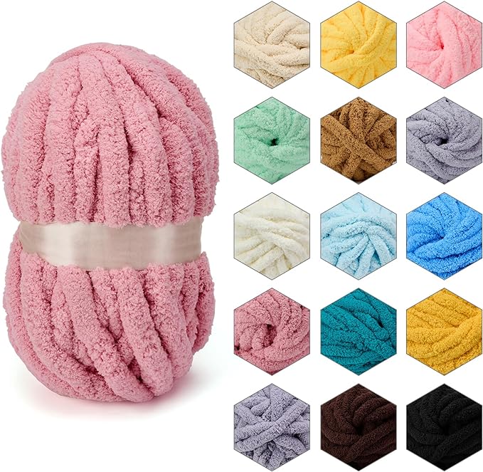 ERLYEEN Chenille Chunky Yarn Super Bulky Soft Thick Fluffy Jumbo Giant Washable Polyester Big Yarn DIY for Arm Knit Blanket Cushion Bed Sofa Home Decor,Leather Pink,4.4LB