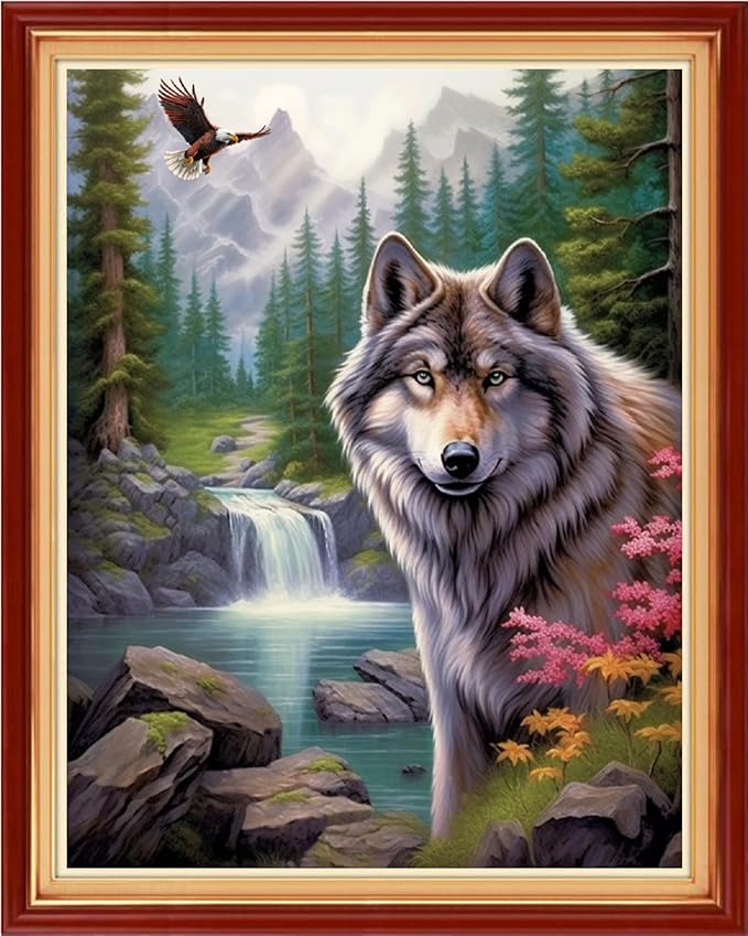 Funart Stamped Cross Stitch Kits for Beginners Full Range of Cross Stitching Preprinted Embroidery Kits for Adults, 11CT Embroidery Pattern Needlepoint Kits-The Forest Wolf 16x20 inchs