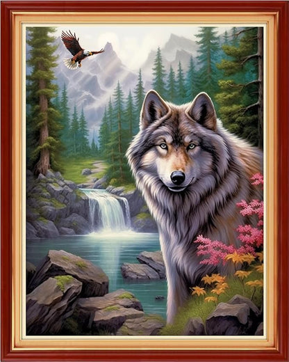 Funart Stamped Cross Stitch Kits for Beginners Full Range of Cross Stitching Preprinted Embroidery Kits for Adults, 11CT Embroidery Pattern Needlepoint Kits-The Forest Wolf 16x20 inchs