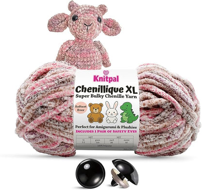 Chenillique XL Super Bulky Chenille Yarn – 100g Skein (88 Yards) + Safety Eyes + Free Plushie Pattern – Plush Polyester Yarn for Amigurumi, Crochet & Knitting - Enchanted Berry