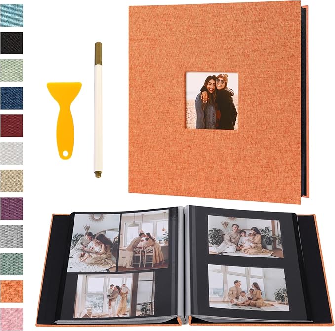 Self Adhesive Photo Album Black Pages Scrapbook Magnetic Photo Albums for 4x6 5x7 8x10 Pictures Books with Sticky Pages with A Metallic Pen for Baby Family Wedding 13.2x12.8 Orange 40 Pages