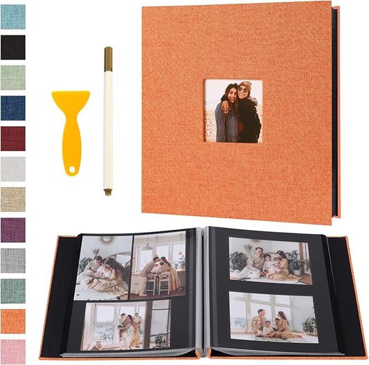 Self Adhesive Photo Album Black Pages Scrapbook Magnetic Photo Albums for 4x6 5x7 8x10 Pictures Books with Sticky Pages with A Metallic Pen for Baby Family Wedding 11x10.6 Orange 60 Pages