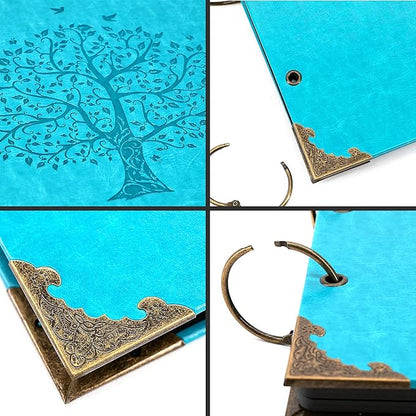ADVcer Photo Album DIY Scrapbook, 10x10 inch 50 Pages Vintage Leather Cover Three-Ring Binder Picture Booth Albums + 9 Colors 408pcs Self Adhesive Photos Corners for Memory Keep (Family Tree, Cyan)