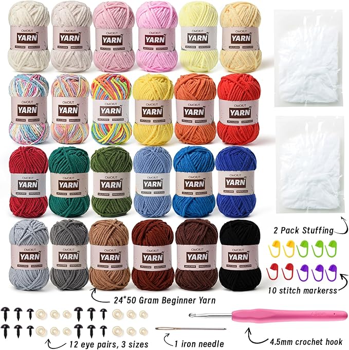 24 Pack Chenille Velvet Yarn - Baby Yarn for Crocheting Soft - Amigurumi Yarns Set with 1200g(1574yd) Crochet Yarns Crochet Hook、Stitch Markers、Fluffy Stuffing、Accessories B
