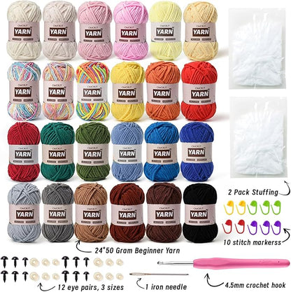 24 Pack Chenille Velvet Yarn - Baby Yarn for Crocheting Soft - Amigurumi Yarns Set with 1200g(1574yd) Crochet Yarns Crochet Hook、Stitch Markers、Fluffy Stuffing、Accessories B