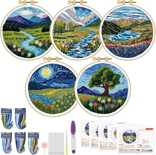 ERKOON 5 Sets Embroidery Kit for Beginners, Butterfly Cross Stitch Set for Include Embroidery Cloth Hoops Threads for Craft Lover Hand Stitch (Landscapes)