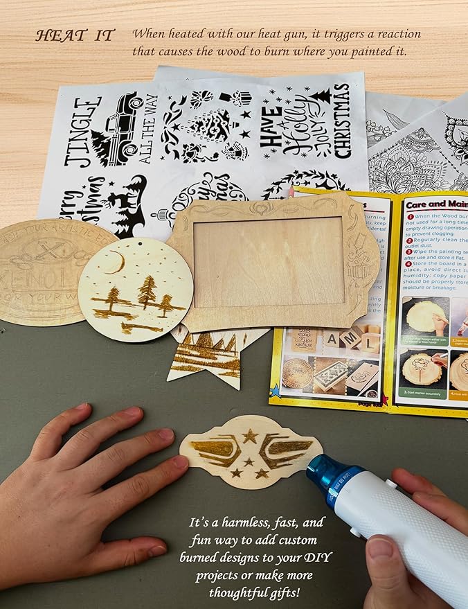 Xenolog Beginner-Friendly Wood Burning kit with Markers, Heat Gun, Wood Slices, Stencils, Pencil, Transfer Paper & plaques - Ideal Gift for Artists, DIY Lovers & Teens
