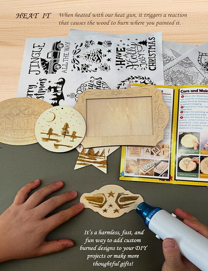 Xenolog Beginner-Friendly Wood Burning kit with Markers, Heat Gun, Wood Slices, Stencils, Pencil, Transfer Paper & plaques - Ideal Gift for Artists, DIY Lovers & Teens