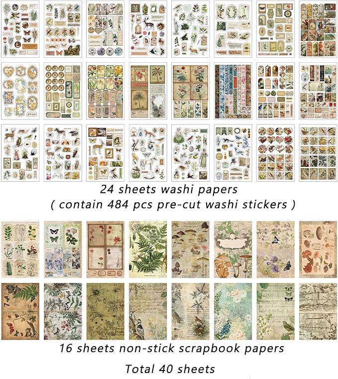 Prstincol Vintage Aesthetic Washi Stickers and Papers for Scrapbooking, 40 Sheets Ephemera Book for Art Journaling with Nature Forest Theme Stickers and Decoupage Papers for Junk Journal