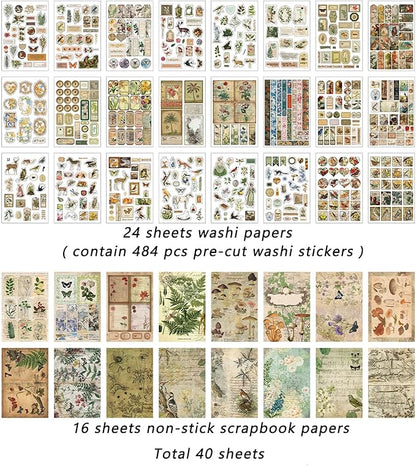Prstincol Vintage Aesthetic Washi Stickers and Papers for Scrapbooking, 40 Sheets Ephemera Book for Art Journaling with Nature Forest Theme Stickers and Decoupage Papers for Junk Journal