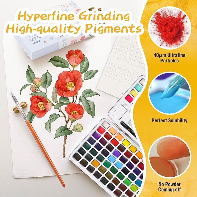 Caliart Metallic Watercolor Paints, 50 Colors Glitter Watercolors Set with 1 Brush, Portable Travel Painting Kit Gifts for Adults Artists Beginners Painters Art Supplies