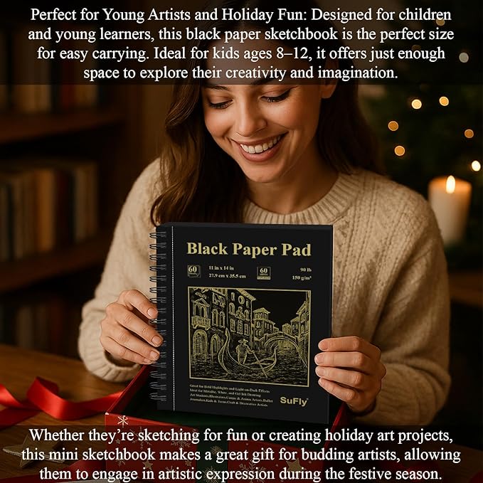 SuFly Black Paper Drawing Pad, 60 Sheets Large Sketch Book 11x14, Spiral Bound - Hardcover,90lb/150gsm Black Paper Notebook for Gel Pens.
