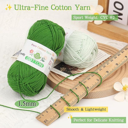 Katech 1OO% Cotton Yarn for Crocheting & Knitting–12-Color of 137 Yards/1.76 oz Baby Cotton Yarn Sport Weight CYC #2-Soft & Breathable-Ideal for Dishcloths, Baby Clothes, Potholders(G)