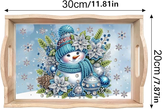 DIY Diamond Art Painting Wooden Tray Kit With Handle, Food Tray for Breakfast, Bar Dinner Table Decoration, Diamond Dots Gem Painting Art Set for Beginners-Snowman1