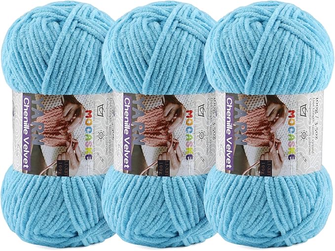 3 * 100g Chunky Yarn for Crocheting and Knitting - Easy to Use Plush Chenille Super Bulky Yarn 393yds - Ultra Soft Velvet Baby Blanket Yarn for Beginners & Amigurumi Projects, Azure