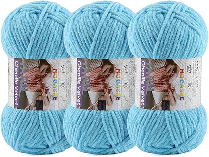 3 * 100g Chunky Yarn for Crocheting and Knitting - Easy to Use Plush Chenille Super Bulky Yarn 393yds - Ultra Soft Velvet Baby Blanket Yarn for Beginners & Amigurumi Projects, Azure