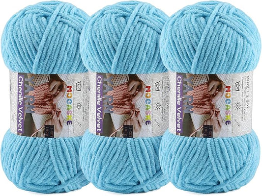 3 * 100g Chunky Yarn for Crocheting and Knitting - Easy to Use Plush Chenille Super Bulky Yarn 393yds - Ultra Soft Velvet Baby Blanket Yarn for Beginners & Amigurumi Projects, Azure
