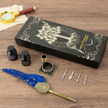TIANREN Feather Pen and Ink Set,quill pen ink set,Antique Calligraphy Pen with 4 Replaceable Nibs,2 Bottle of ink,Pen Holder Christmas Gift for Men&Women.(Blue)