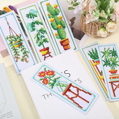 ORIGACH 6 Set Green Plants Cross Stitch Bookmark Kit for Beginner with Backing Felt Floss Instructions DIY Stamped Embroidery Bookmark Kit for Adults, Book Lovers