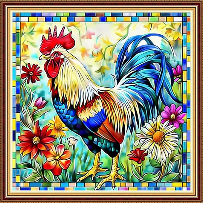 DMCVIVR Stamped Cross Stitch Kits for Adults Beginners Embroidery Kits 11CT Needlepoint Kits Cross Stitch Patterns Embroidery Patterns-Rooster Flower 18x18 inch