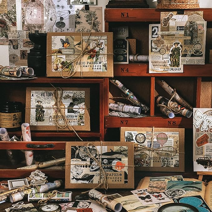 Knaid 200 Pieces Vintage Ephemera Pack Decoupage Paper Junk Journal Kit Scrapbook Planner Sticker Supplies for Art Journaling Bullet Journals Collage Craft Notebooks Album Crafter Gifts (Retro Style)