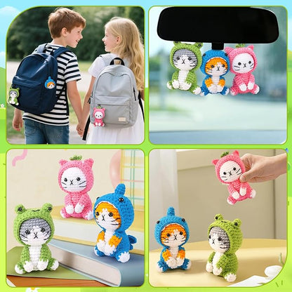 Crochet Kit for Beginners - 3 PCS Crochet Kits with Step-by-Step Video Tutorials, Beginner Crochet Kit for Adults, Crochet Animal Kit for Starters, Cat Dressed as Shark Frog Strawberry