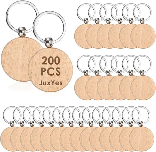 JUXYES 200 PCS Unfinished Wooden Keychain Blanks for Engraving, Wood Engraving Blanks Key Chain, DIY Round Wood Keychain Tags Unfinished Wooden Key Ring Key Tag, 40mm