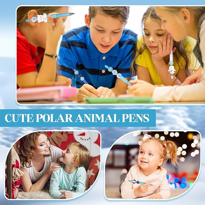 Geyee 12 Set Plastic Beadable Pens Assorted Bead Pens Crystal Wood Round Spacer Set Black Ink DIY Ballpoint for Women Men Gift Office Supplies(Polar Animals)